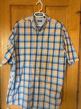 Izod Short-Sleeve Plaid Button-Down Shirt in Blue and Orange